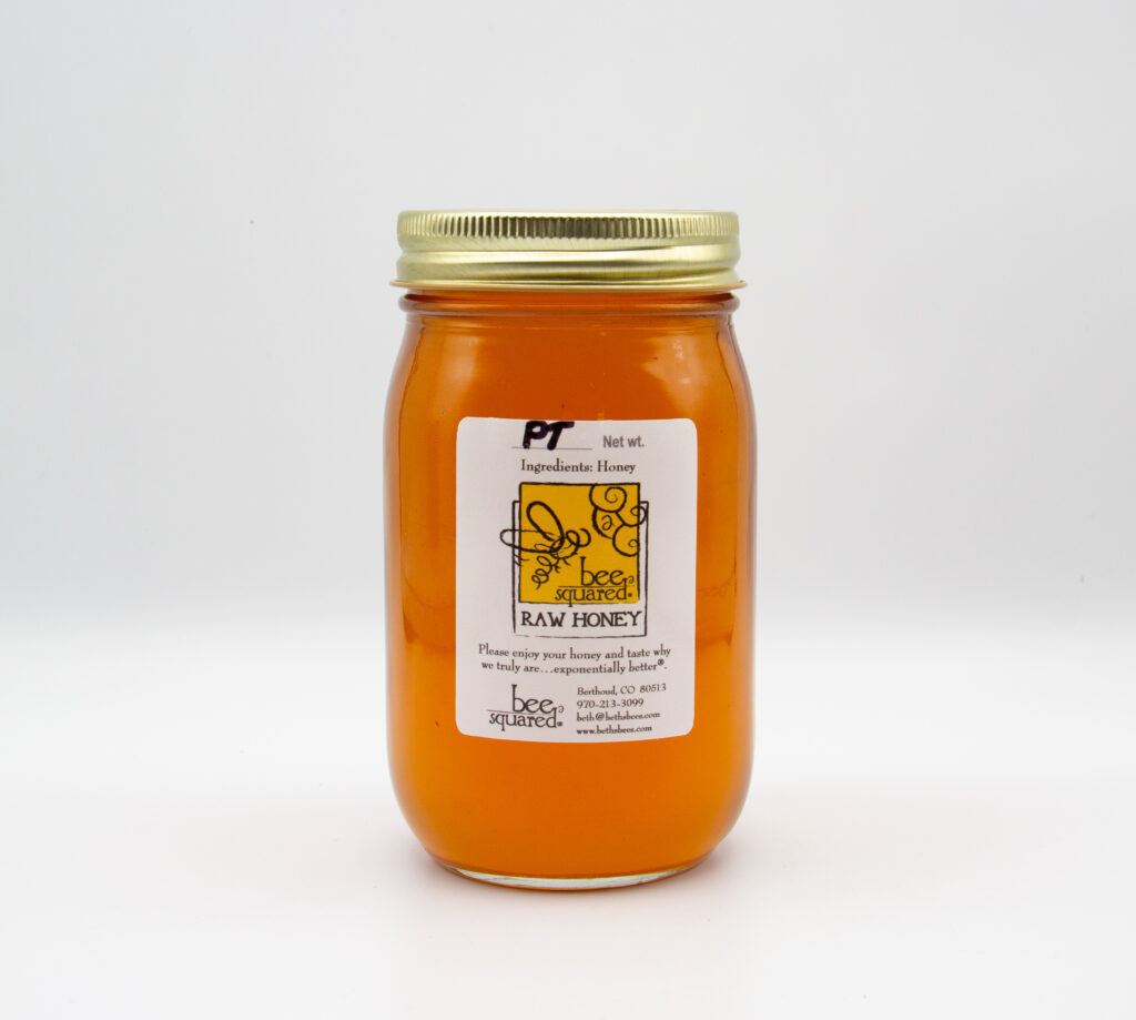 Raspberry Blossom Honey 1.5 lb. Pint Jar Bee Squared Apiaries